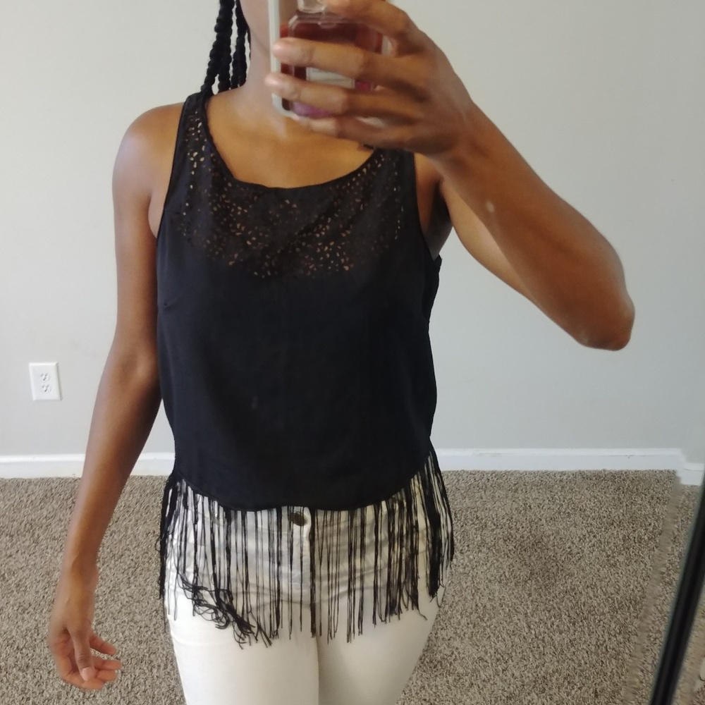 Cotton Express fringe Cropped Eyelet Cutout tank L
